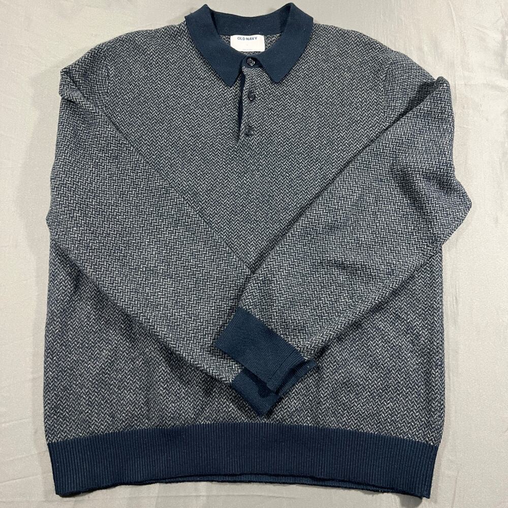 Old Navy Knit Polo Sweater Mens Large Navy Gray Herringbone Long Sleeve
